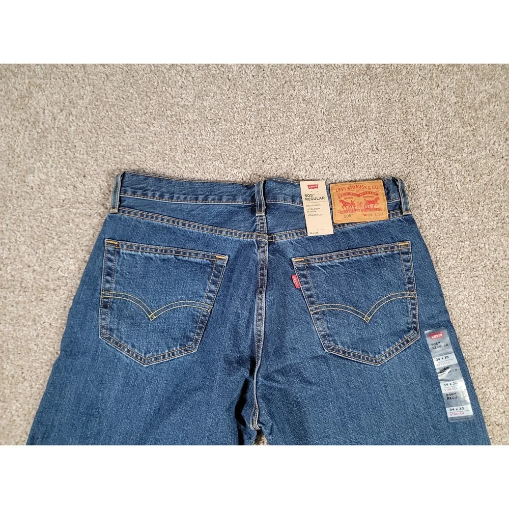 Levi's 505 Jeans Mens 34x30 Regular Fit Stretch Dark Wash Denim Straight NWT $60
